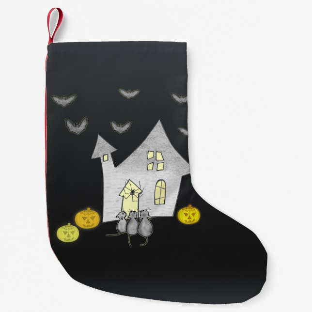 Halloween House, Black Cats, Bats, Pumpkins Small Christmas Stocking (Front)