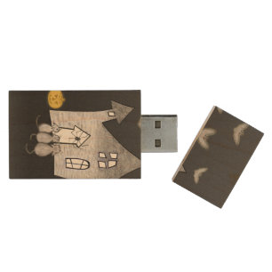 Halloween House, Black Cats, Bats, Pumpkins Wood Flash Drive