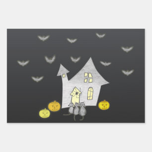 Halloween House, Black Cats, Bats, Pumpkins Wrapping Paper Sheets