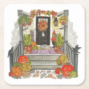 Halloween House Cat Square Paper Coaster