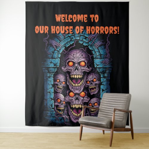 Halloween House of Horrors Bold Colored Skulls Tapestry