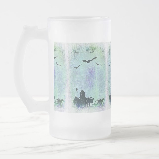 Halloween House | Spiders + Bats! Frosted Glass Beer Mug (Left)