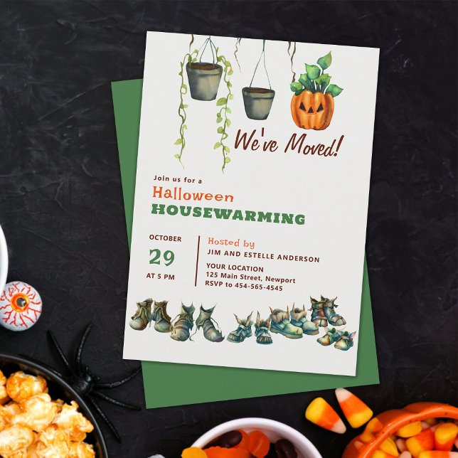 Halloween House Warming Monster Shoes Plants Funny Invitation (Halloween housewarming family party invitation cute fun funny gremlin shoes hanging plants elegant)