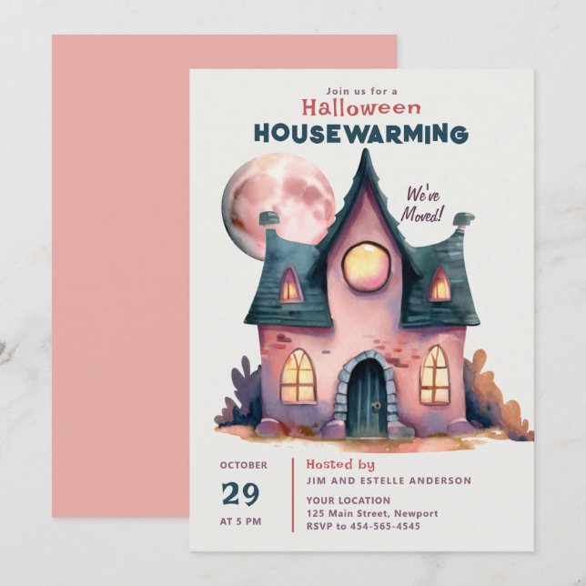 Halloween House Warming New Family Home Pink Moon Invitation (Front/Back)