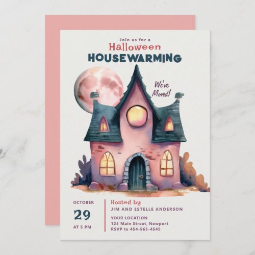 Halloween House Warming New Family Home Pink Moon Invitation