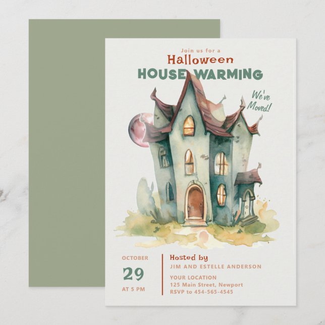 Halloween House Warming New Home Pink Moon Art Invitation (Front/Back)