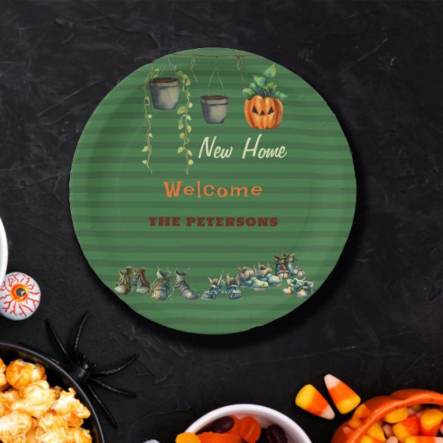 Halloween Housewarming Party Gremlin Shoes Green Paper Plates (fun halloween personalized plate welcome housewarming party green gremlin shoes plants funny cute)