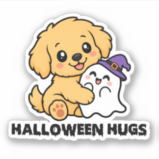 Halloween Hugs Golden Retriever puppy Cute ghost Sticker