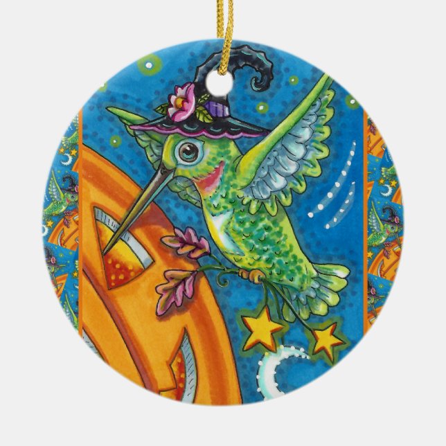HALLOWEEN HUMMINGBIRD & JACK O LANTERN WHIMSY CERAMIC ORNAMENT (Front)