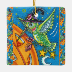 HALLOWEEN HUMMINGBIRD & JACK O LANTERN WHIMSY CERAMIC ORNAMENT