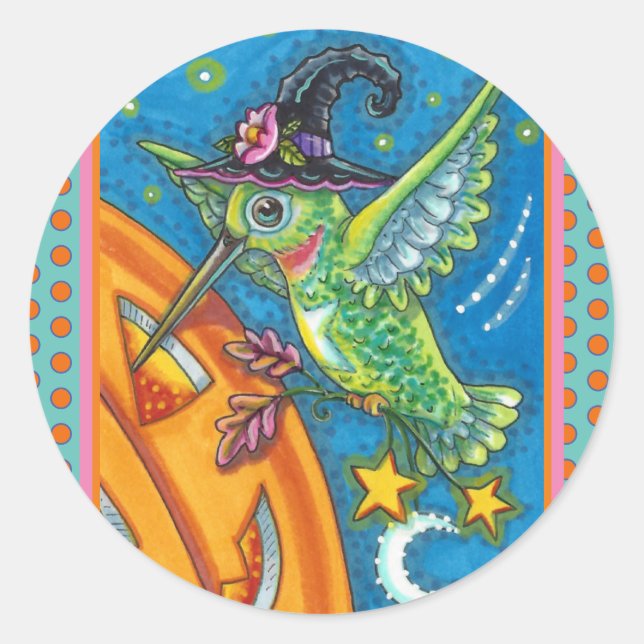 HALLOWEEN HUMMINGBIRD & JACK O LANTERN WHIMSY CLASSIC ROUND STICKER (Front)