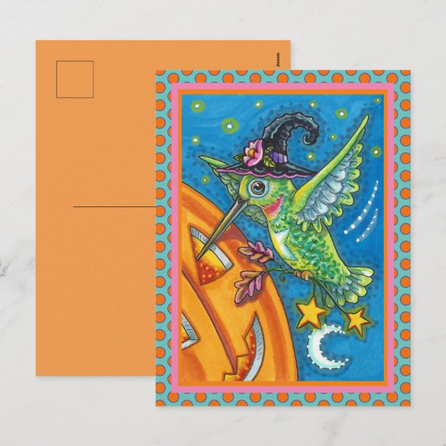HALLOWEEN HUMMINGBIRD & JACK O LANTERN WHIMSY HOLI HOLIDAY POSTCARD (Front/Back)