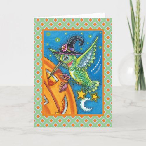 HALLOWEEN HUMMINGBIRD  JACK O LANTERN WHIMSY HOLIDAY CARD