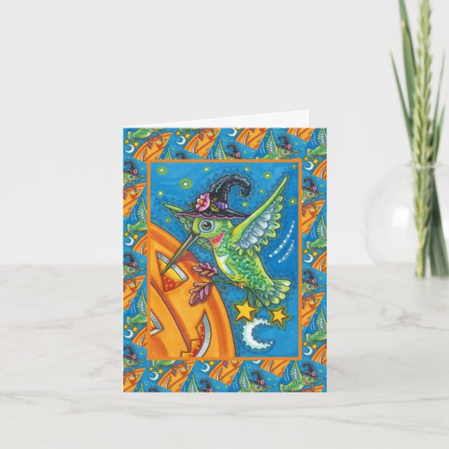 HALLOWEEN HUMMINGBIRD & JACK O LANTERN WHIMSY HOLIDAY CARD (Front)