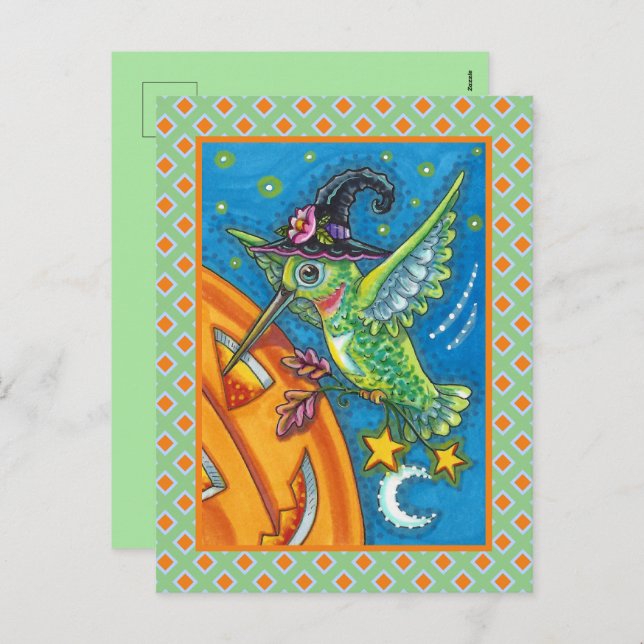 HALLOWEEN HUMMINGBIRD & JACK O LANTERN WHIMSY HOLIDAY POSTCARD (Front/Back)