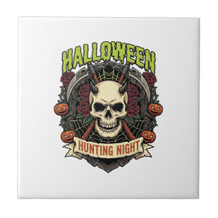 Halloween Hunting Night Horned Skull Roses Pumpkin Ceramic Tile