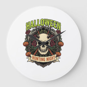 Halloween Hunting Night Horned Skull Roses Pumpkin Large Clock