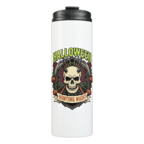 Halloween Hunting Night Horned Skull Roses Pumpkin Thermal Tumbler