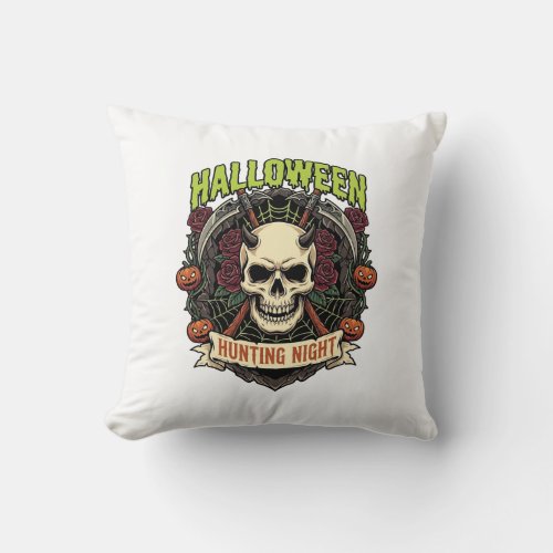 Halloween Hunting Night Horned Skull Roses Pumpkin Throw Pillow
