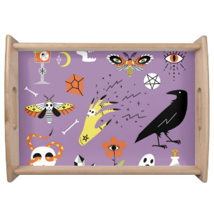Halloween icons, hand-drawn vintage set. serving tray