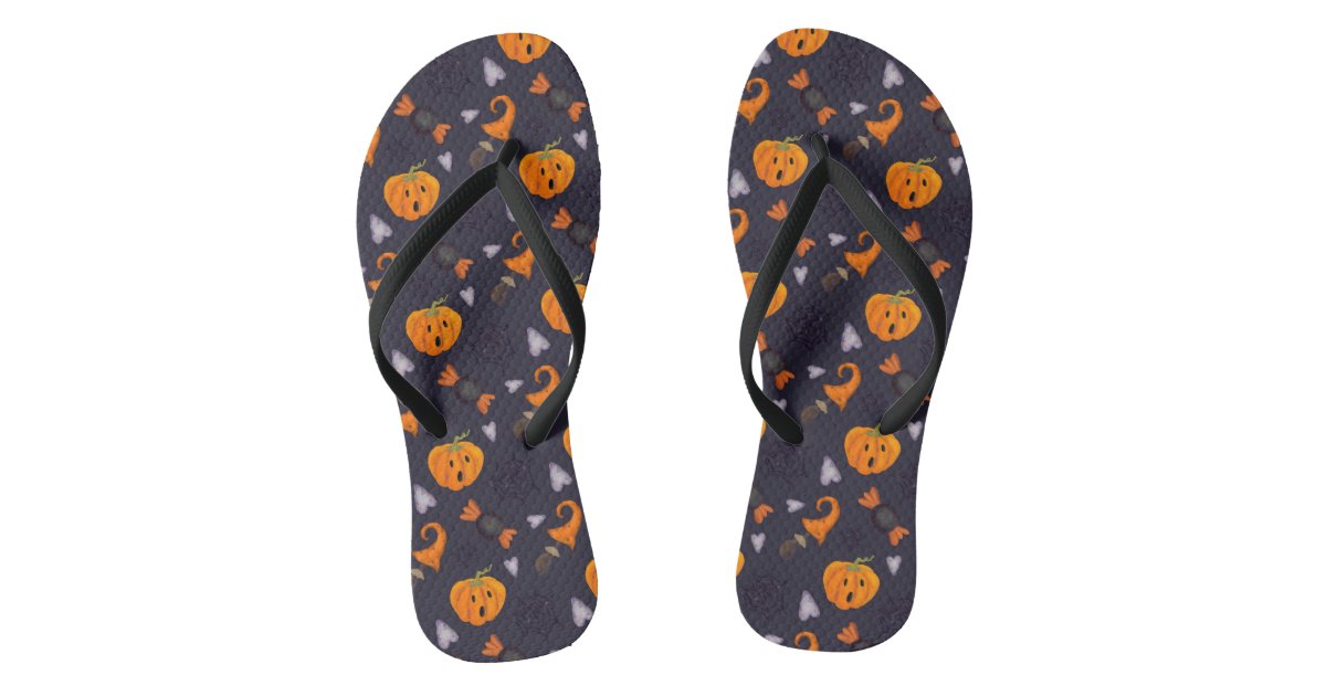 Halloween Icons Pumpkin Candy Holidays Pattern Flip Flops | Zazzle