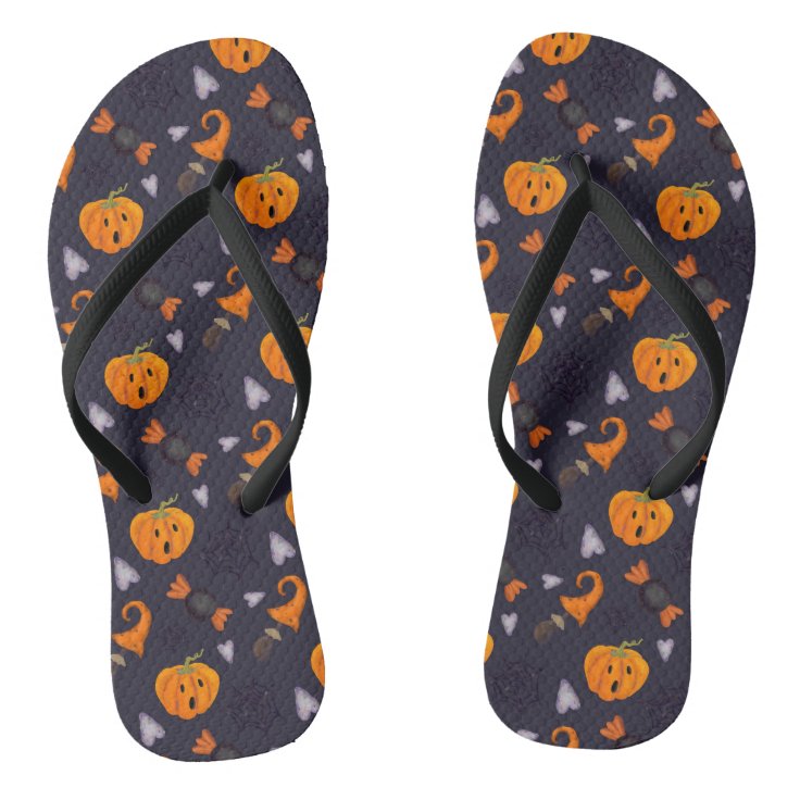 Halloween Icons Pumpkin Candy Holidays Pattern Flip Flops | Zazzle