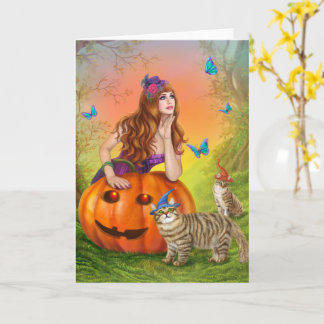 Halloween illustration A beautiful witch with cats Card
