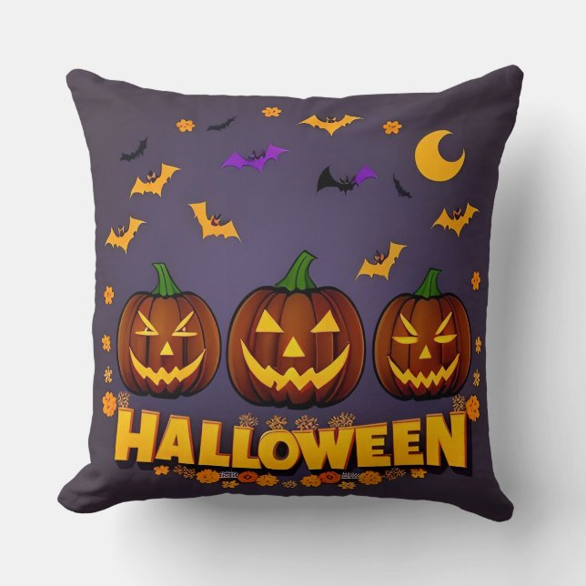 Halloween Illustration Featuring Jack-o'-Lanterns Throw Pillow (Front)