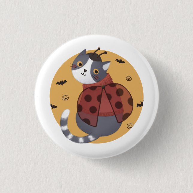 Halloween Illustration: Ladybug Cat Button (Front)
