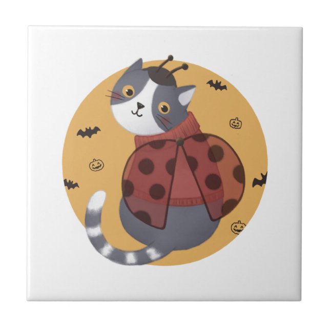 Halloween Illustration: Ladybug Cat Ceramic Tile (Front)