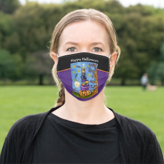 Halloween Illustration Pumpkin Witch Cat Owl Virus Adult Cloth Face Mask (Outside)