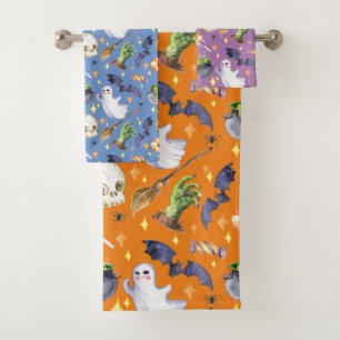 Halloween illustration with pumpkin,ghost and bat bath towel set