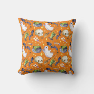 Halloween illustration with pumpkin,ghost and bat throw pillow