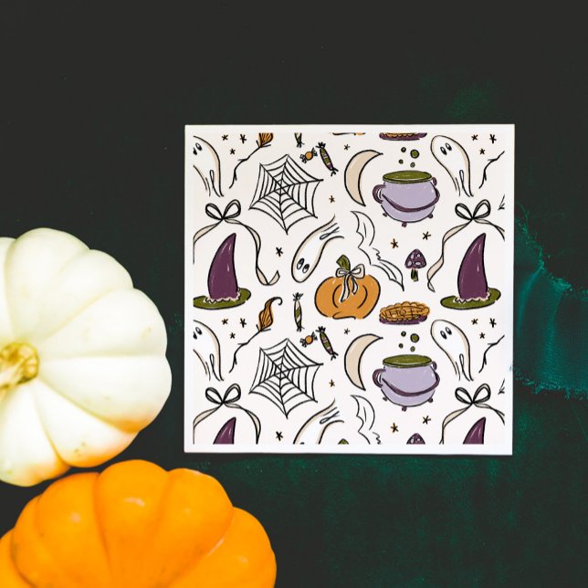 Halloween Illustrations Pattern Napkins (Our Little Boo is Almost Due Halloween Illustrations Baby Shower Napkins)