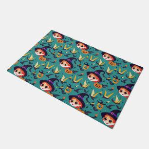 Halloween image with a happy witch’s face doormat