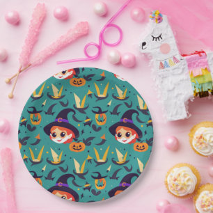 Halloween image with a happy witch’s face paper plates