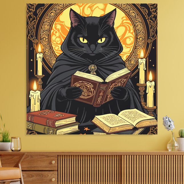 Halloween In Hardback A Cat Reading Books Canvas Print (Insitu(LivingRoom))