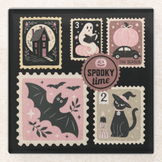 Halloween in Pink Postal Stamps Cat Pumpkin Bat Glass Coaster
