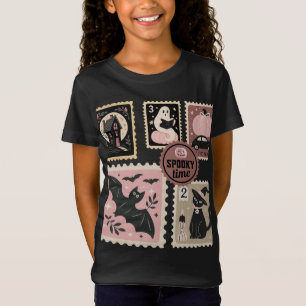 Halloween in Pink Postal Stamps Cat Pumpkin Bat  T-Shirt