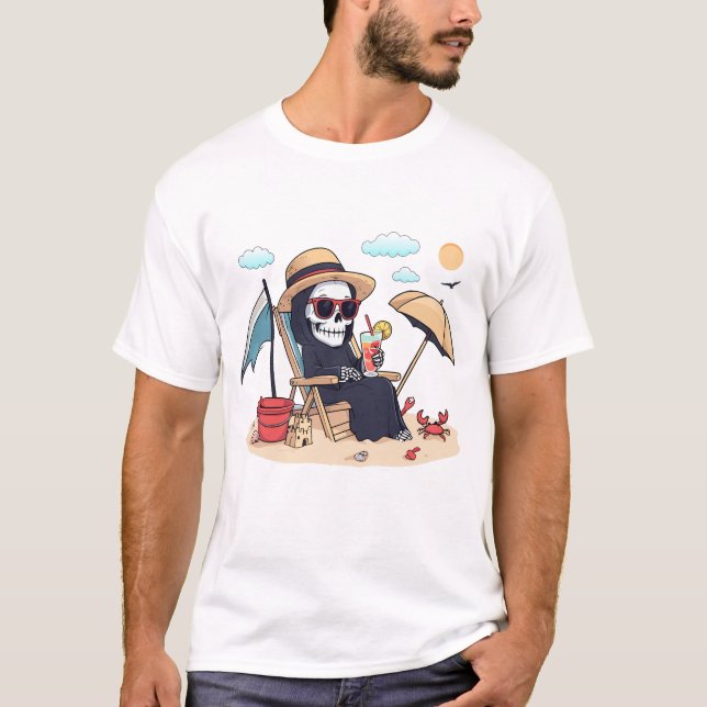 Halloween in Summer – Grim Reaper on the Beach T-Shirt (Front)