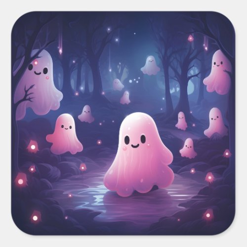 Halloween In The Forest Cute Pink Ghosts Square Sticker
