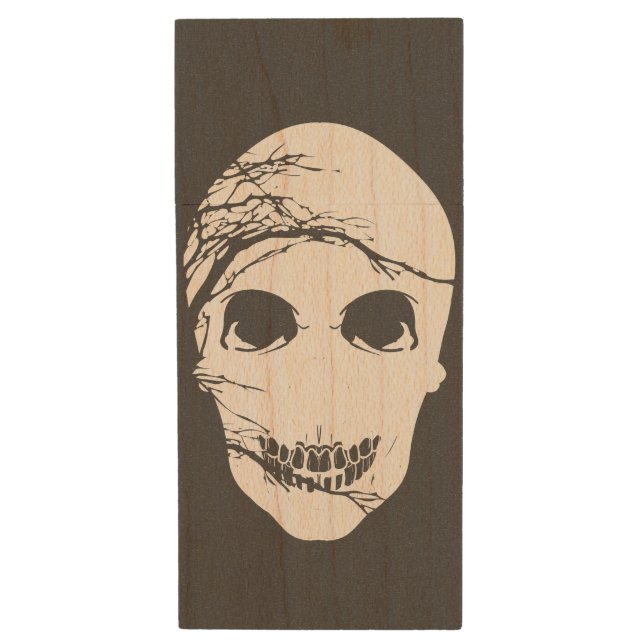 Halloween Inspiried Skull Wood Flash Drive (Front Vertical)
