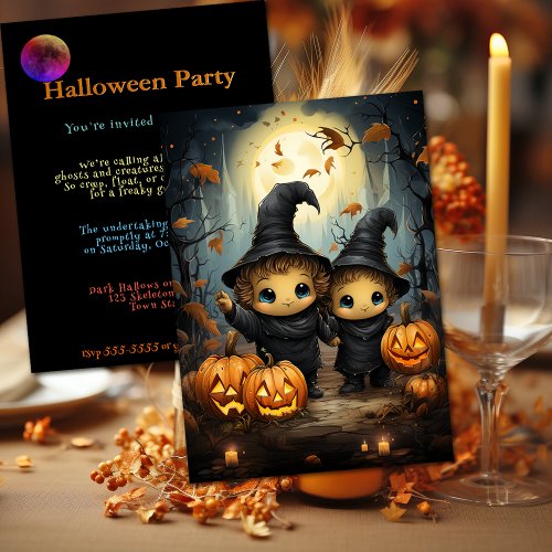 Halloween Invitation Child Witches Happy Pumpkins