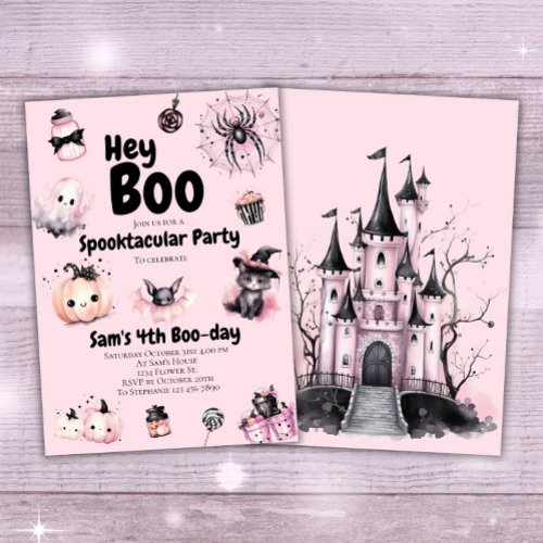 Halloween Invitation Kids Cute Pink Birthday Party