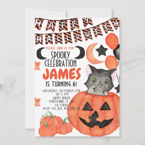 Halloween invite Cat Pumpkin Birthday Invitation 