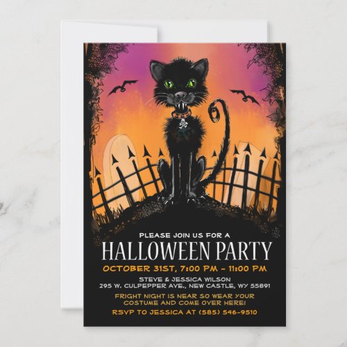 Halloween Invite - Scary Cat in Graveyard