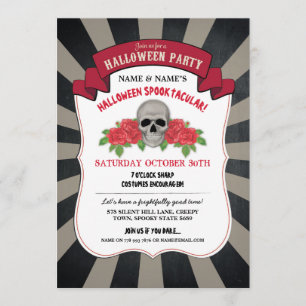 Halloween Invite Skull Roses Red Circus Party