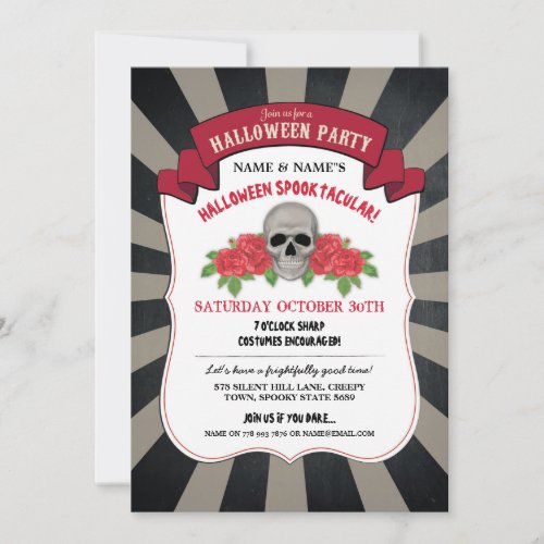 Halloween Invite Skull Roses Red Circus Party