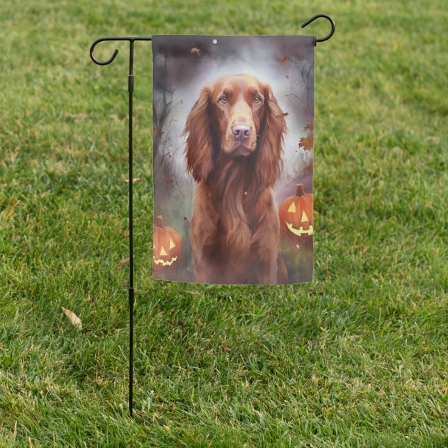 Halloween Irish Red Setter With Pumpkins Scary  Garden Flag (In SItu)