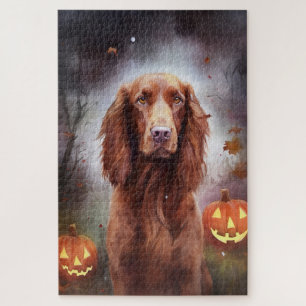 Halloween Irish Red Setter With Pumpkins Scary  Jigsaw Puzzle